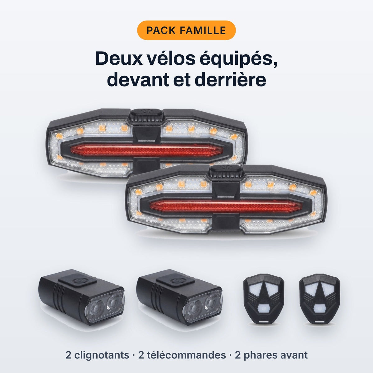 Pack Famille : 2 clignotants Pharello Signal, 2 télécommandes et 2 phares avant